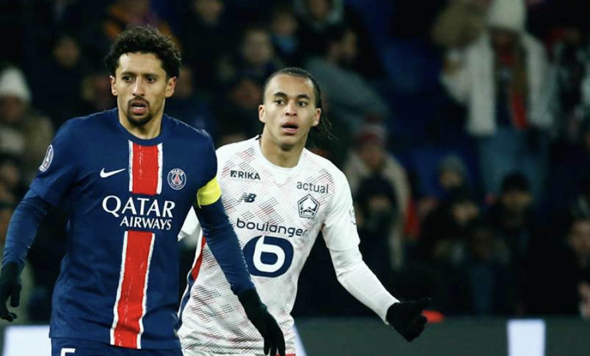 Lille OSC : Ethan Mbappé et Marquinhos lors de PSG-Lille